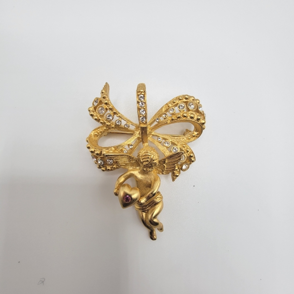 Camrose Kross JBK Jackie O Vtg Angel Cherub Angel Brooch Pendant Gold Tone